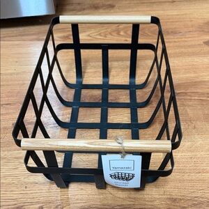 Yamazaki Black Metal Basket with Wooden Handles